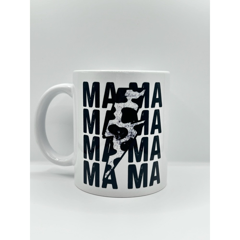 Mama Lightning Bolt Cow Print Coffee Mug White Ceramic 11oz